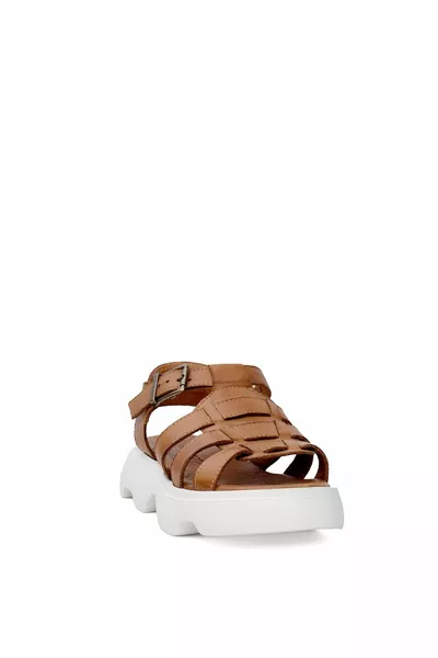  Damen Flache Sandalen aus echtem Leder hellbraun