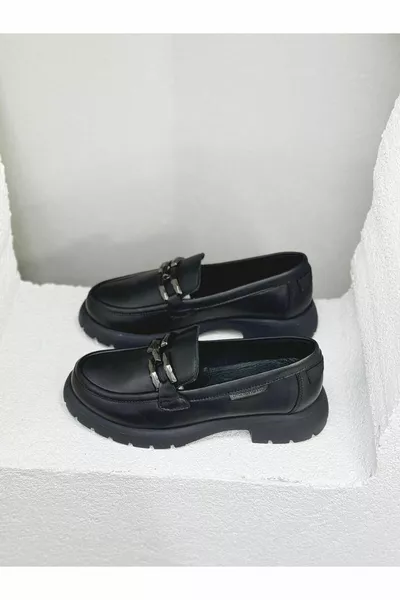  BUCKLE DETAILED GENUINE LEATHER 3.5 CM THICK SOLE LOAFER SHOES WOMEN