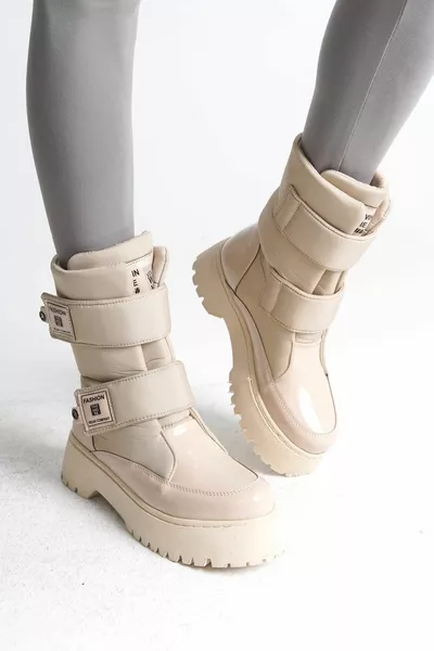 ELISA Velcro Résistant à l’eau et au froid Parachute Tissu Cuir verni Bottes Femme KT Crème