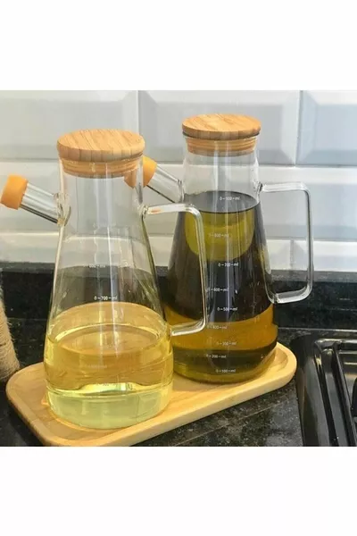 Bamboo Lid Vacuum Borosilicate Set of 3 Glass Oil Vinegar Bamboo Underlay