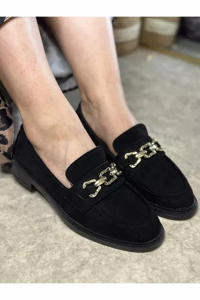 Casual Black Suede Women's Loafer Loafers Short Heels Patterned Sole Chain Oval Toe Shoes 