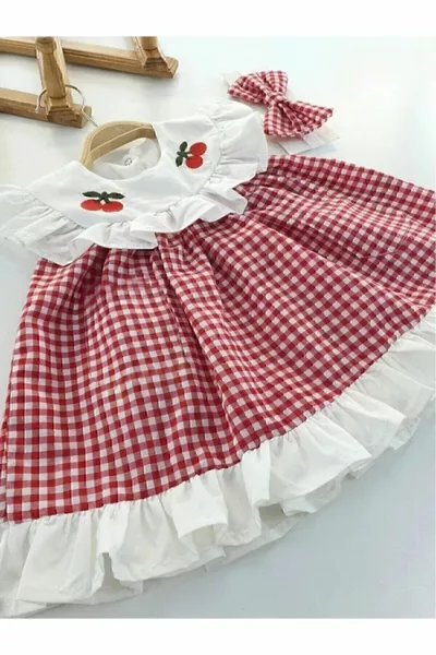 طفلة حمراء Gingham الكرز مفصلة عقال الصيف اللباس