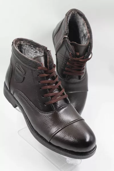 Men's genuine leather fur inside zippered laced brown casual boots