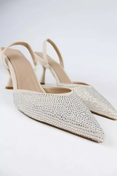 المرأة البيج الحجر مفصلة النسيج مساء اللباس الكعب الخنجر