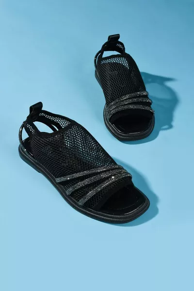 Luna Black Anthracite Mesh Stone Flat Sole damessandalen met platte zool