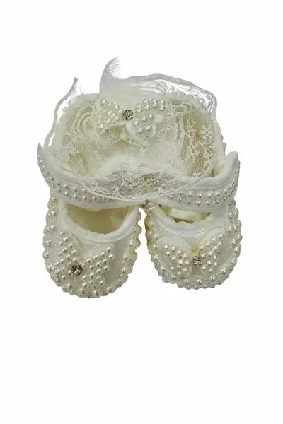 Pearl Satin Baby Girl Booties/ Crowned Booties Set/ Mevlütlük Baby Girl Booties/ Baby Booties