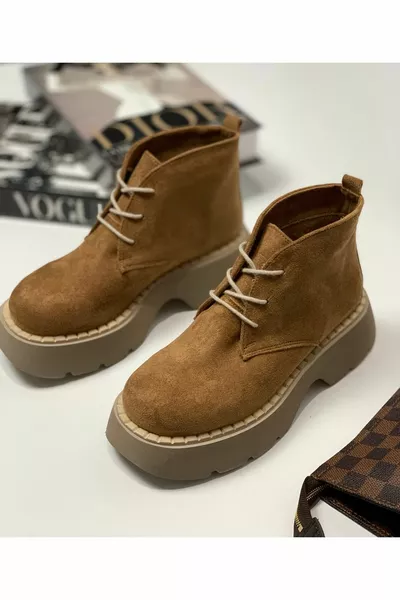 Thick Sole Lace-Up Thai Feather Suede Short Women's Boots