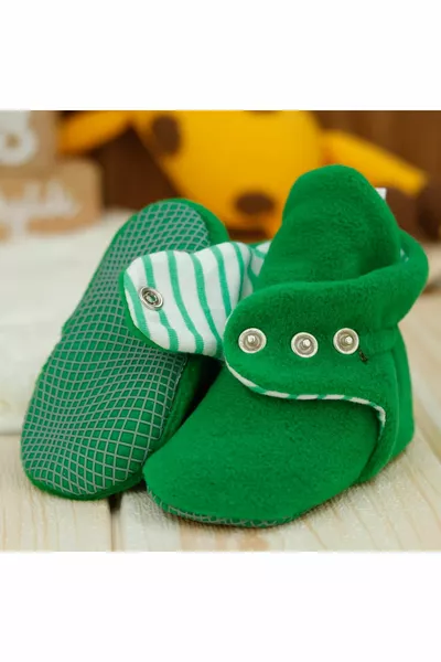 Unisex Bebek Yeşil Kaydırmaz Taban Pandufu İlkadım Ev Patiği Terletmeyen Organik Pamuk Astarlı
