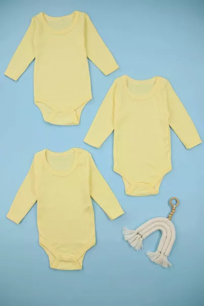 نسيج مضلع ٪ قطن طويل الأكمام Snap Snap 3 قطع أصفر بدلة أطفال