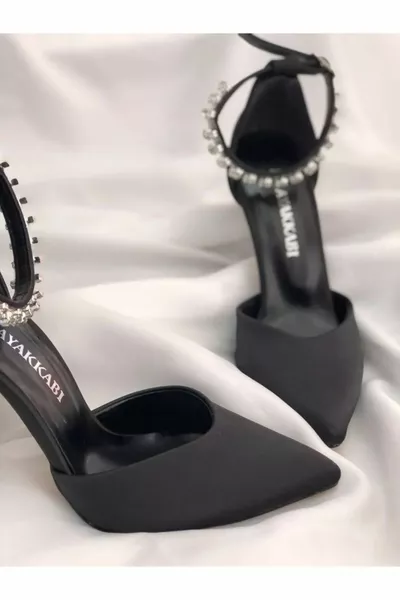 Black Satin Heeled Stone Stiletto Evening Dresses