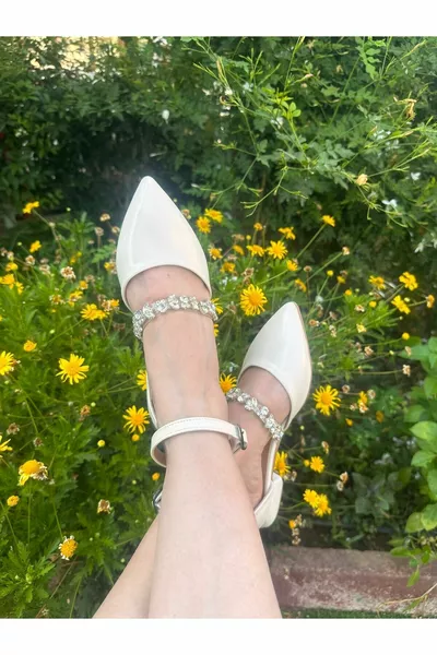 نسائي عرق اللؤلؤ أوف وايت اللون 3.5 سم كعب حجر مساء اللباس الباليه الشقق أحذية الزفاف