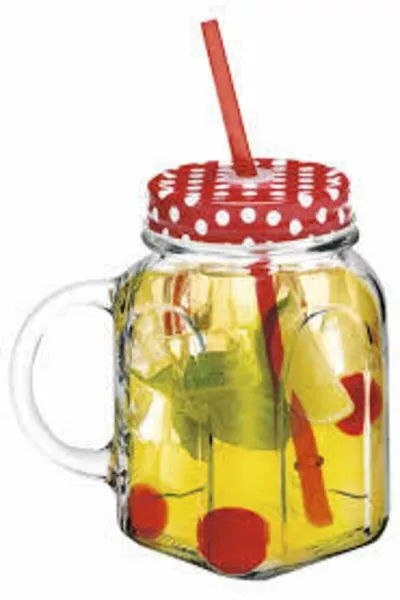 Kırmızı Metal Kapaklı Pipetli Kulplu Kavanoz Bardak 