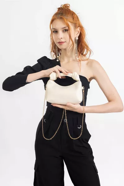 Women's Cream Soft Leather Knot Detailed Handle Chain Strap Mini Hand Shoulder Baguette Bag