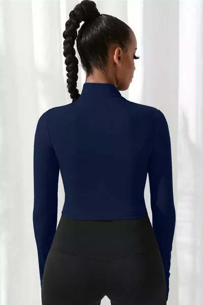 Women's Navy Blue Long Sleeve Zippered Finger Insert Detailed Stand-Up Collar Crop Top Blouse
