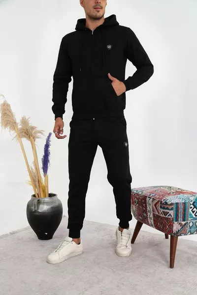 Мужской черный комплект спортивного костюма с тремя нитями и гребнем на молнии