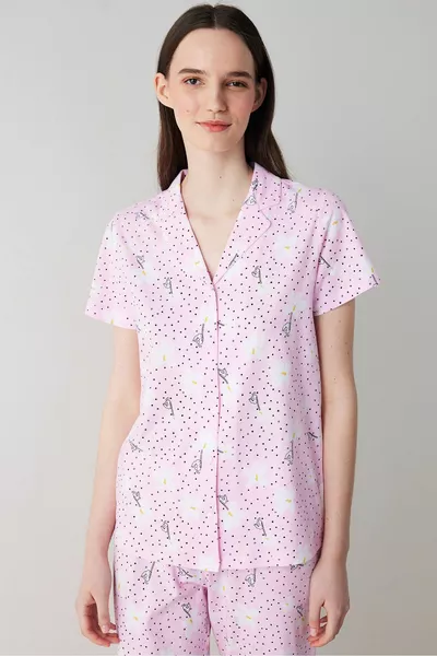 Flora Pink Button Down Shirt Pants Pajama Set