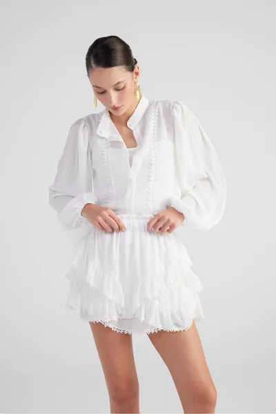 Brode Detailed Asymmetrical Cut Lined Mini Pixie Skirt White