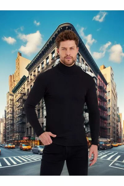 Herren Schwarzer Strickpullover Rollkragenpullover Rollkragenpullover