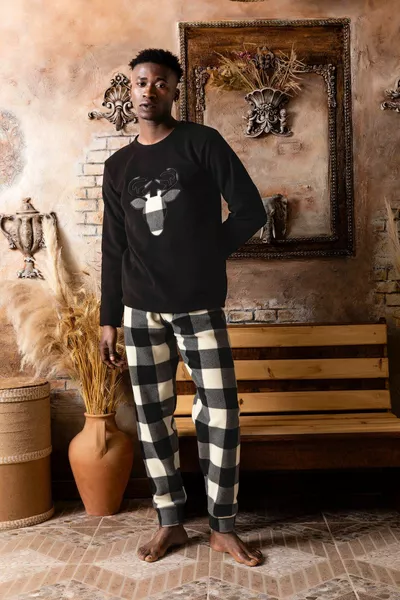 الرجال الأسود منقوشة ومربع منقوشة طويلة الأكمام الصوف النسيج الشتاء مجموعة بيجامة دافئة
