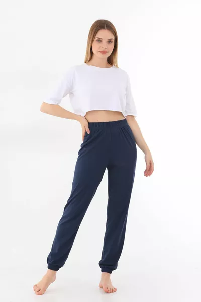 Navy Blue Color Soft Textured Unisex Leg Elasticated Pajamas Bottom Tracksuit