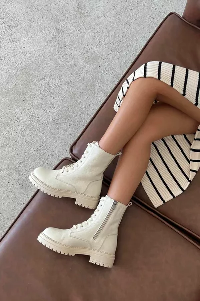 سعيد المرأة أحذية بريدية جلدية أصلية بيج