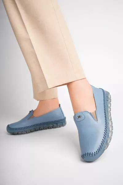 Echt Lederen Denim Blauwe Vrouwen Lederen Ballerina's 