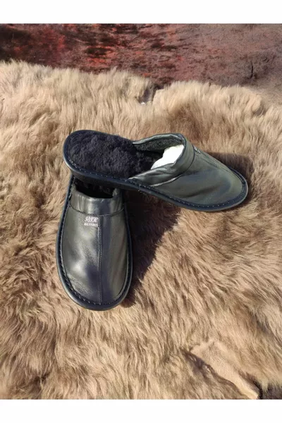 الرجال الأسود الفراء جلد طبيعي منزل النعال