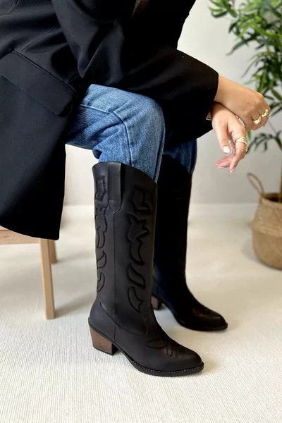 Texas ricamato lungo ginocchio sotto stivali da cowboy da donna occidentali neri