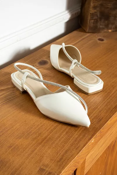 Pointed Toe Bright Detailed Open Back Mother-of-pearl White Ballet Flats Wedding Dress Shoes Lyon
