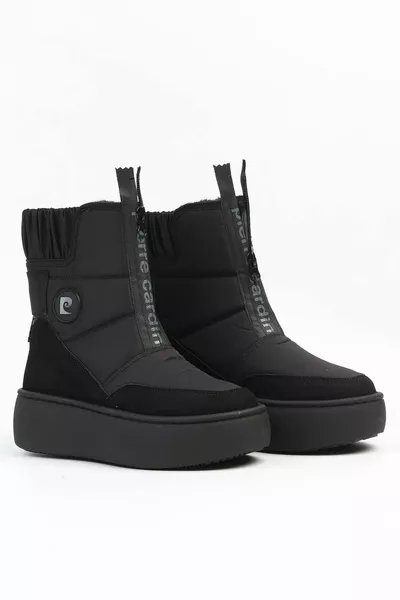 Women's Black Waterproof Zipper Fur Snow Boots