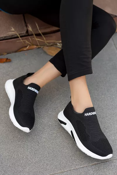 Women Black and White Knitwear Casual Sports Walking Shoes Extra Lightweight Non-Slip Sole Stylish Sneaker
