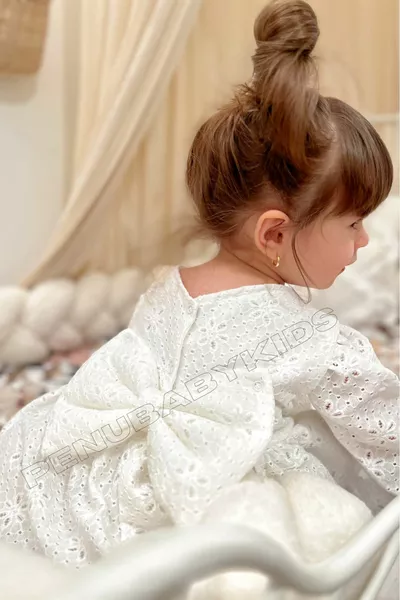Witte Full Fisto Gedetailleerde Lange Mouw Baby Girl Dress