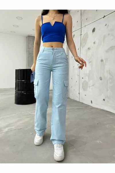 Babyblauwe cargobroek met hoge taille en wijde pijpen voor dames