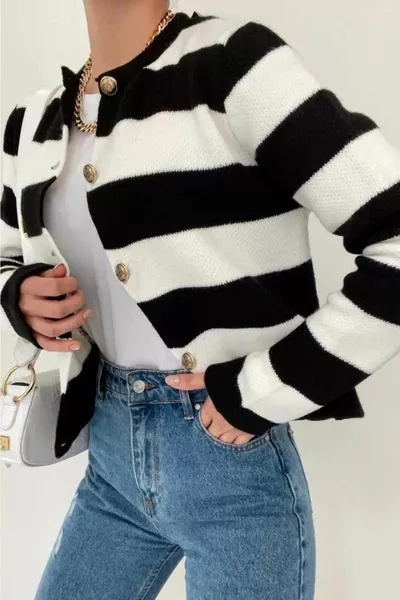 Women's Black Stripe Crew Neck Gold Button Crop Knit Cardigan