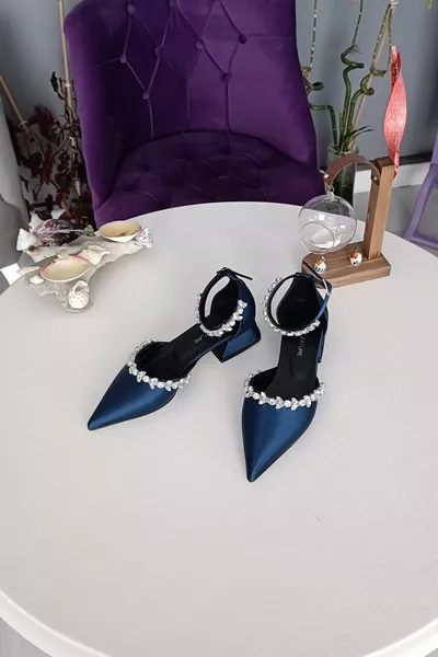 Écharpe de cheville en satin bleu marine 2,5 cm talons Double Waterway Stone Classic Ballet Flats Chaussures pour femmes