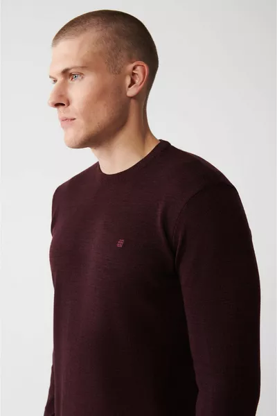 Burgunderfarbener Strickpullover für Herren Rundhalsausschnitt Nicht befiedert Reguläre Passform 