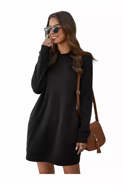 Col ras du cou Double poche coton plein hiver décontracté sports femmes robe