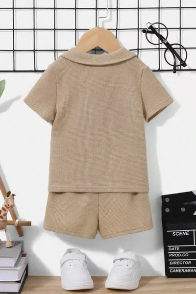 Waffle Visual V-Neck Cotton Summer Baby Kids Shorts Set-Beige