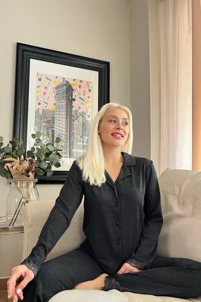 Black Front Button Bamboo Long Sleeve Pajama Set