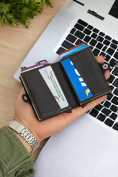 Portefeuille noir à double mécanisme de carte avec blocage RFID