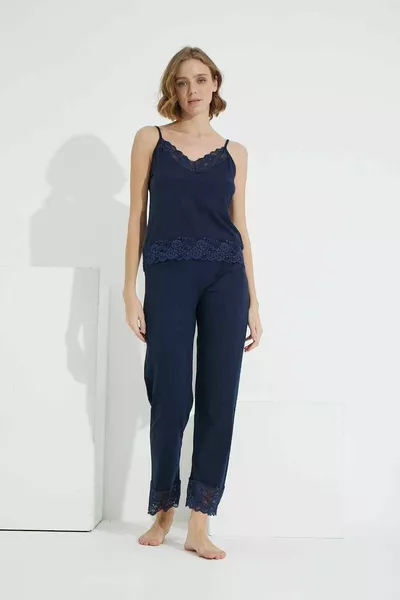 Тъмносиня памучна каишка с каишка с дантелена пижама