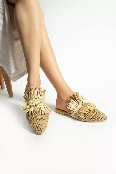 Mink paille pompon femmes pantoufles semelle antidérapante piscine mer plage pantoufles