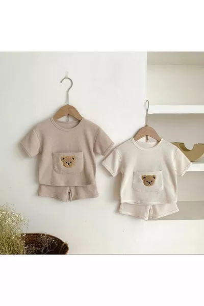 Bear Pocket Visual Cotton Summer Baby Kids Shorts Set-White