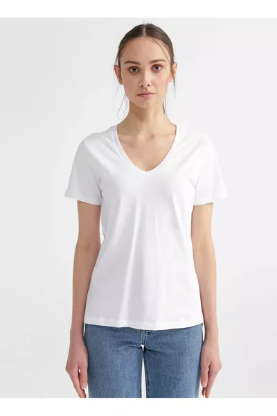 Teyo Weißes Damen-T-Shirt mit V-Ausschnitt