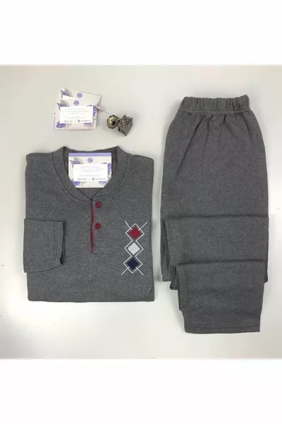 Men's Interlock Fabric Collar Two Button Winter Thick Anthracite Pajama Set