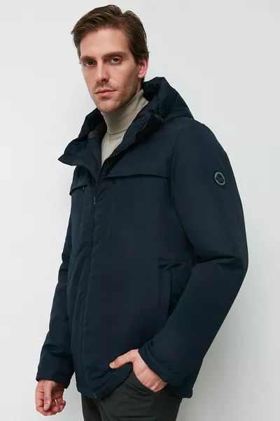 الرجال الأزرق الداكن الألياف يندبروف مقنعين معطف الشتاء ومعطف وباركا