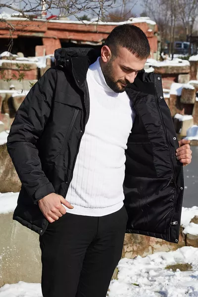 الصوف الأسود للرجال داخل معطف الشتاء المقاوم للماء والرياح مقنعين ومعطف وسترة