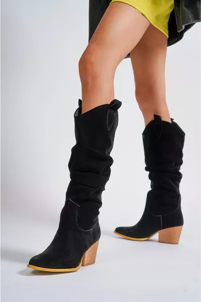 تشيلسي حذاء نسائي من جلد الغزال الأسود طويل مجمعة لو