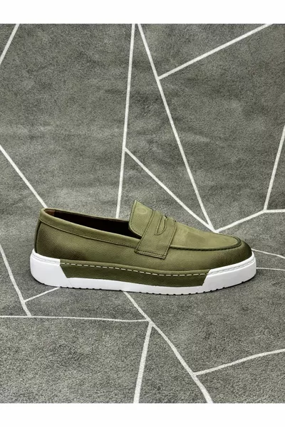 Scarpe mocassino in vera pelle nabuk verde kaki