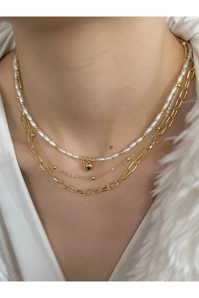 Curved heart 3 pcs set pearl chain necklace